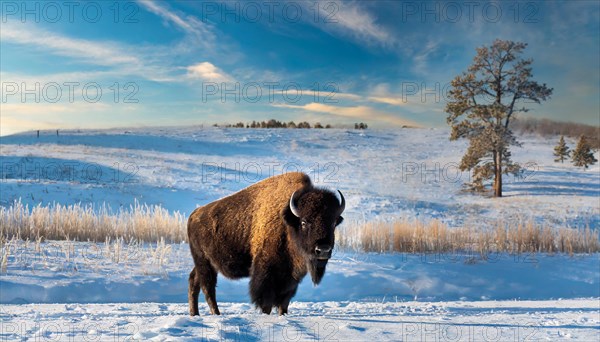 AI generated, animal, animals, mammal, mammals, biotope, habitat, one, individual animal, foraging, wildlife, bison, North America, buffalo, wild cattle, (Bison bonasus), ice, snow, winter, winter landscape