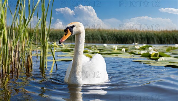 Ai generated, animal, animals, bird, birds, biotope, habitat, one, individual, swims, waters, reeds, water lilies, blue sky, foraging, wildlife, white, white swan, swans, mute swan (Cygnus olor), summer, seasons, sideways