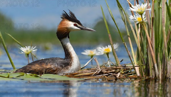 Ai generated, animal, animals, bird, birds, biotope, habitat, an, individual, swims, waters, reeds, water lilies, blue sky, foraging, wildlife, summer, seasons, great crested grebe