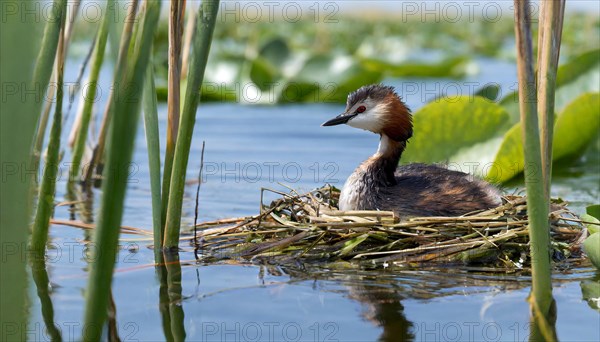 Ai generated, animal, animals, bird, birds, biotope, habitat, a, individual, swims, waters, reeds, blue sky, foraging, wildlife, water lilies, summer, seasons, red-necked grebe (Podiceps grisegena), sits, nest, Europe, juvenile