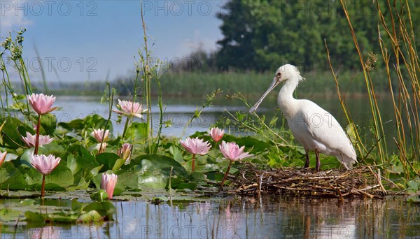 Ai generated, animal, animals, bird, birds, biotope, habitat, a, individual, swims, waters, reeds, water lilies, blue sky, foraging, wildlife, summer, seasons, spoonbill, (Platalea leucordia), spoonbill