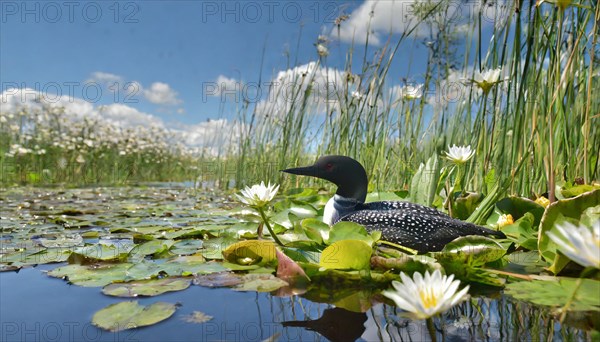 Ai generated, animal, animals, bird, birds, biotope, habitat, a, individual, swims, waters, breeds, nest, reeds, water lilies, blue sky, foraging, wildlife, summer, seasons, loon, (Gavia immer), tundra, Greenland, Iceland, Canada, loon, winters on the coasts of Europe, North America