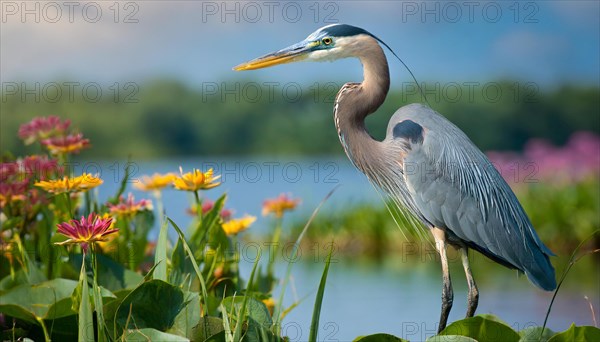 KI generated, animal, animals, bird, birds, biotope, habitat, one, individual, water, reed, winter, snow, blue sky, foraging, wildlife, seasons, heron, little blue heron (Egretta caerulea), Florida, Mexico, Central America