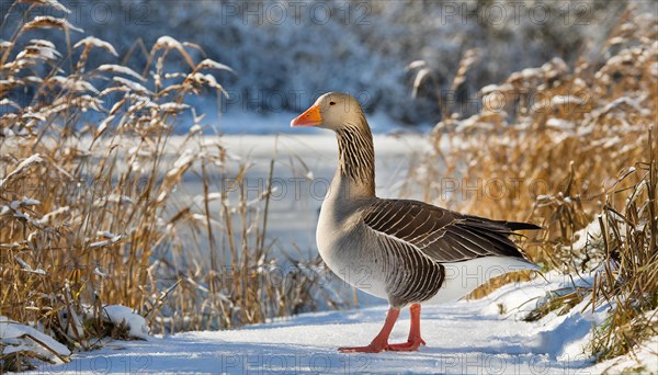 Ai generated, animal, animals, bird, birds, biotope, habitat, an, individual, water, reed, blue sky, foraging, wildlife, winter, snow, ice, snows, seasons, greylag goose (Anser anser)