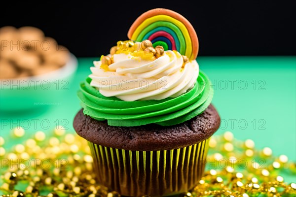 St. patrick's day cupcake with green frosting, rainbow and gold. KI generiert, generiert AI generated