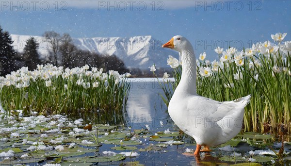 Ai generated, animal, animals, bird, birds, biotope, habitat, an, individual, swims, waters, reeds, water lilies, blue sky, foraging, wildlife, summer, seasons, domestic goose, geese, geese, geese birds, (Anser anser)