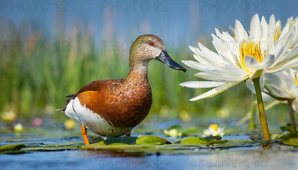 KI generated, animal, animals, bird, birds, biotope, habitat, a, individual, swims, water, reeds, water lilies, blue sky, foraging, wildlife, summer, seasons, northern shoveler (Spatula clypeata), female