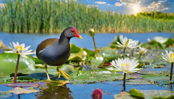 Ai generated, animal, animals, bird, birds, biotope, habitat, a, individual, swims, water, reeds, water lilies, blue sky, foraging, wildlife, summer, seasons, moorhen, moorhen rail, (Gallinula chloropos)