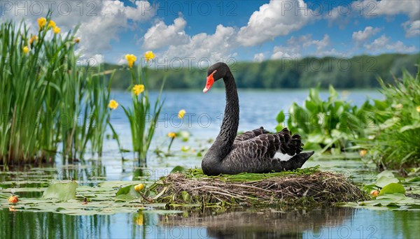 KI generated, animal, animals, bird, birds, biotope, habitat, one, individual, water, reed, blue sky, foraging, wildlife, summer, seasons, black swan (Cygnus atratus), Black Swan, snow, ice, winter