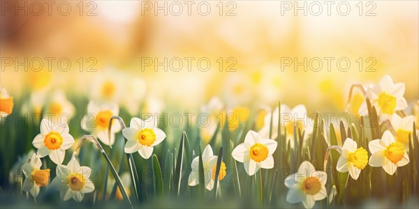 White and yellow Daffodil spring flowers on emadow with sun. KI generiert, generiert AI generated