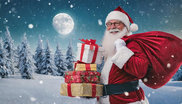 AI generated, man, 70+, Father Christmas, red coat, backpack, full beard, winter, snow, ice, fir trees, snowy, snowflakes, winter landscape, Christmas hat, costume, clothes, colourful, colourful presents, packages, nice teeth, smiles, friendly, Christmas, evening, night shot, winter forest