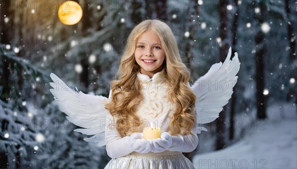 AI generated, girl, angel, winter, snow, ice, firs, snowy, snowflakes, winter landscape, costume, clothes, angel costume, candle, candles, light, lights, beautiful teeth, smiles, friendly, Christmas, evening, night shot, winter forest, church, one person, 8-12 years, burning candle