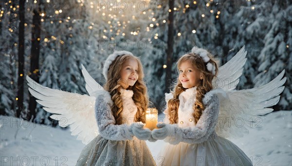 AI generated, girl, angel, winter, snow, ice, firs, snowy, snowflakes, winter landscape, costume, clothes, angel costume, candle, candles, light, lights, beautiful teeth, smiles, friendly, Christmas, evening, night shot, winter forest, church, one person, 8-12 years, burning candle