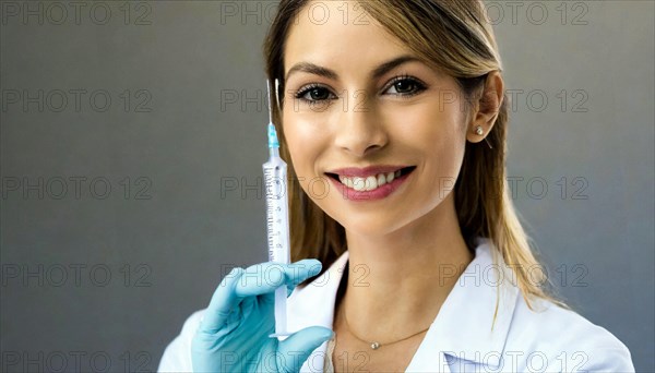 AI generated, RF, woman, woman, doctor, female doctor, 25, 30, years, attractive, attractive, doctor's office, holds a syringe in her hand, disposable syringe, flu shot, corona, pneumococcal, prevention, health, blonde, blonde, beautiful teeth, long hair