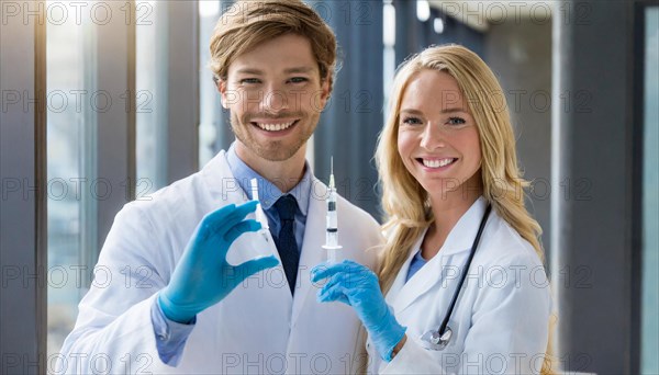 Ai generated, RF, woman, woman, man, men, doctor, female doctor, two, 30-35, years, attractive, attractive, doctor's office, holds a syringe in her hand, disposable syringe, flu shot, corona, pneumococcal, prevention, health, blond, blonde, blonde, beautiful teeth, long hair, two people