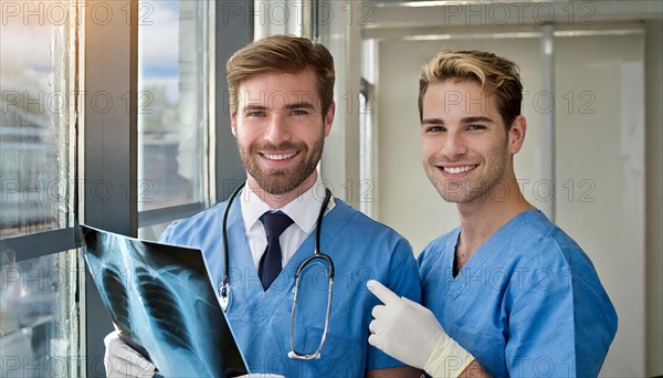 AI generated, RF, man, doctor, doctors, medical team, team, 30+, years, attractive, attractive, doctor's office, look at an x-ray, x-ray, examination, check-up, health, beard wearer, beautiful teeth, long hair, beard wearer, two people