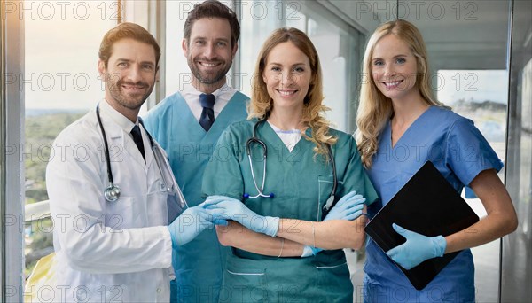 Ai generated, RF, woman, woman, man, men, doctor, female doctor, 25, 30, years, attractive, attractive, doctor's office, holding an x-ray, precaution, health, blond, blonde, blonde, beautiful teeth, long hair, rounds, four, people, bearded, two men, two woman