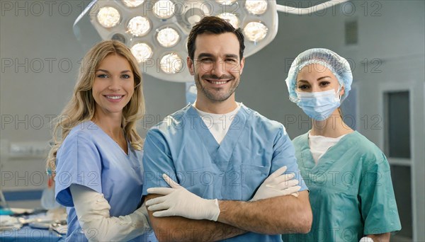 AI generated, RF, woman, woman, man, doctor, doctor team, team, 30, years, attractive, attractive, doctor's office, operating theatre, operating room, examination, prevention, health, blond, blonde, blonde, beautiful teeth, long hair, beard bearer, three people, two. woman, one doctor, AI generated