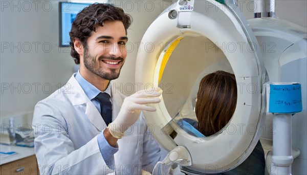 AI generated, RF, man, men, doctor, doctors, 30, 35, years, attractive, attractive, doctor's office, CT, scan, computer tomography, computer tomography, preventive care, health, smiles, beautiful teeth, bearded, generates a three-dimensional X-ray image, modern X-ray machine, X-rays, AI generated
