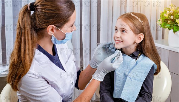 AI generated, dentist treats a little girl, dentist, blonde, 30, 35, years, dental treatment, follow-up, AI generated