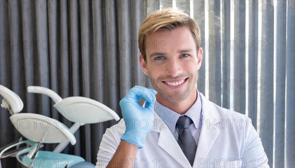 A friendly dentist in his practice, 35, portrait, attractive, attractive, friendly, friendly, profession, professions, AI generated