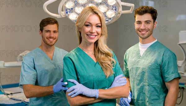 AI generated, RF, woman, woman, man, doctor, doctor team, team, 30, years, attractive, attractive, doctor's office, operating theatre, operating room, examination, prevention, health, blond, blonde, blonde, beautiful teeth, long hair, beard bearer, three people, two. woman, one doctor, AI generated