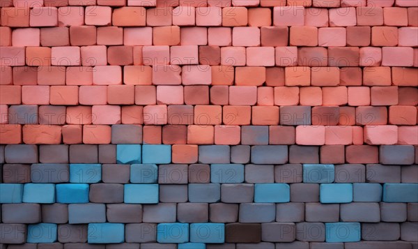 A wall with bricks transitioning in color from orange to blue, creating a gradient effect AI generated