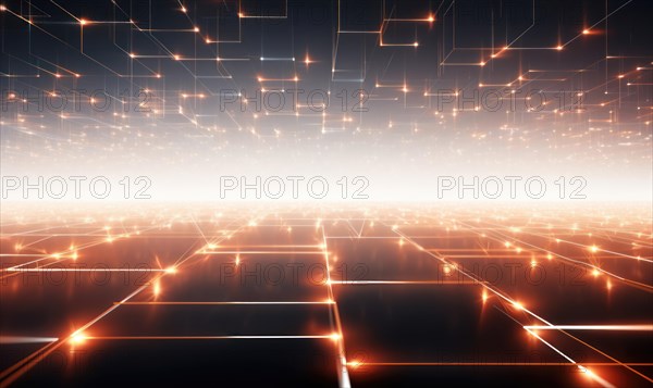 Digital abstract futuristic orange glowing grid with soft light in the distance AI generated