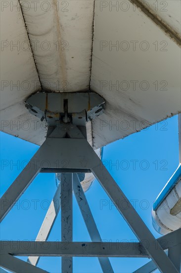 Bottom view of missile on steel mounting frame on display in public park