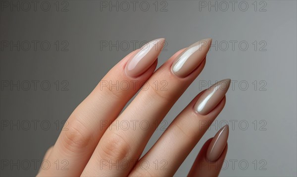 Female hand with beige nail design. Nail polish manicure AI generated