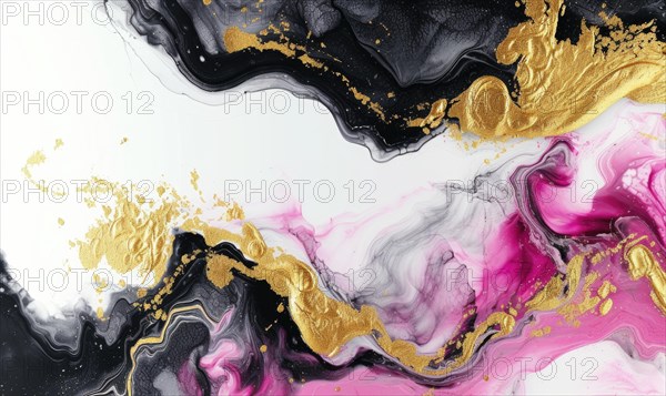 Black, pink, white and gold abstract background. Marbling artwork texture. Rose quartz ripple pattern. Gold powder AI generated