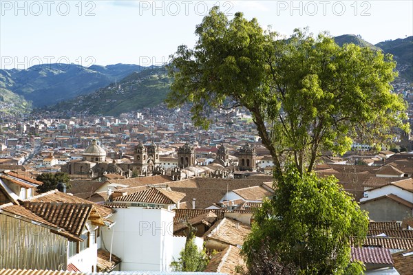 City view Cusco, in front the Cathedral of Cusco or the Cathedral Basilica of the Assumption of the Virgin Mary, on the left the Iglesia de la Compania de Jesus or Church of the Society of Jesus, Province of Cusco, Peru, South America