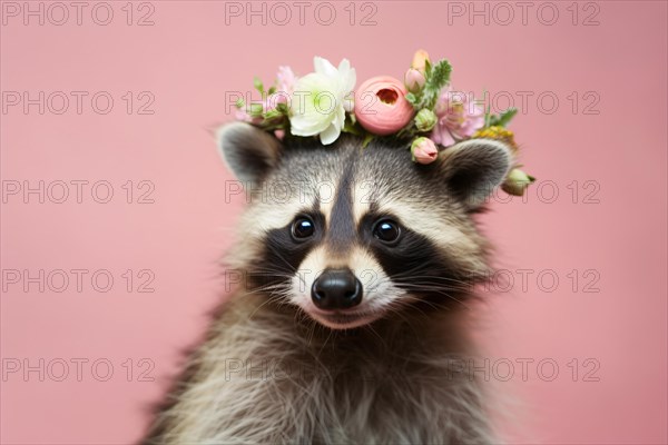 Racoon with flowers on head on pink background. KI generiert, generiert AI generated