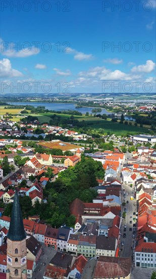 Aerial view of Dingolfing with a view of the historic town centre. Dingolfing, Lower Bavaria, Bavaria, Germany, Europe