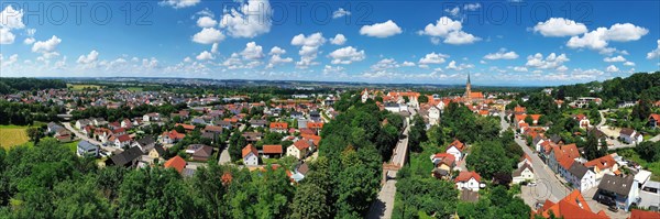 Aerial view of Dingolfing with a view of the historic town centre. Dingolfing, Lower Bavaria, Bavaria, Germany, Europe