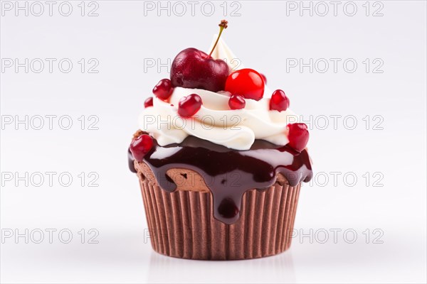 Cupcake with cherry fruits, frosting and chocolate sauce. KI generiert, generiert AI generated