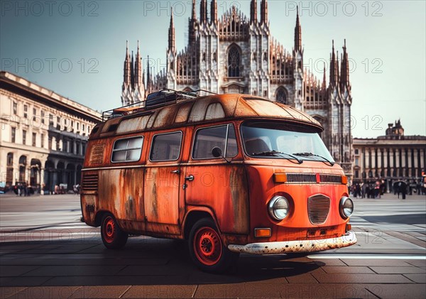 An orange retro vintage classic camper van parked in Milan Duomo urban square with historic architecture, ai generated, AI generated