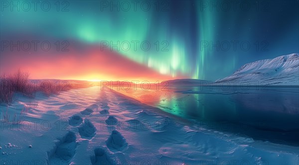 A radiant aurora borealis over a snowy landscape with a striking sunset on the horizon, AI generated