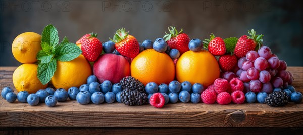 Colorful assembly of various berries, citrus fruits, and grapes on a wooden board, AI generated