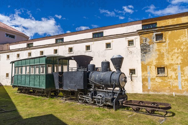 Historic locomotive in the Presidio Museum and Maritime Museum, Ushuaia, Tierra del Fuego Island, Patagonia, Argentina, South America