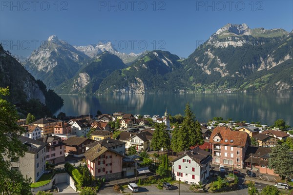 Sisikon on Lake Lucerne with view of Uri Rotstock and Gitschen, Canton Uri, Switzerland, Sisikon, Lake Lucerne, Uri, Switzerland, Europe