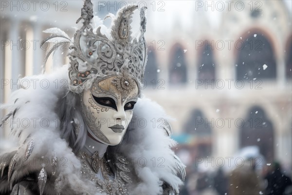 A person adorned in a richly detailed and colorful carnival costume, complete with an elaborate mask, participates in the iconic Venice Carnival with snowfall, AI generated