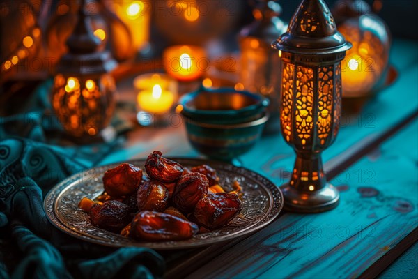 Ramadan lantern to a plate of succulent figs, set on an ornate table with intricate designs, evoking the rich traditions and serene moments of the holy month, AI generated