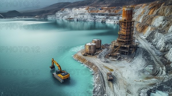 Lithium mining in a white salt lake in South America, AI generated