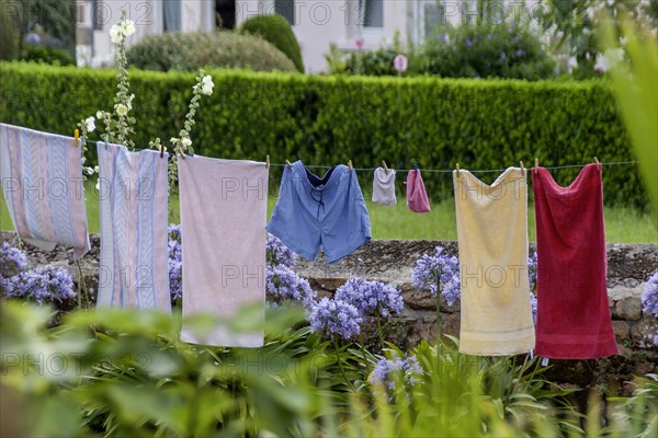 Laundry on a washing line in a garden, Ile de Brehat, Brittany, France, Europe