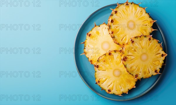 Pineapple slices on blue plate over blue background. Top view with copy space AI generated