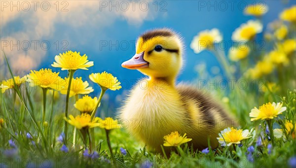 KI generated, animal, animals, bird, birds, biotope, habitat, one, single animal, foraging, wildlife, duck, ducks, domestic duck, female, (Anas platyrhynchos) white, white, yellow ducklings, young animals, animal children, two, three, four, white duck mother with yellow chicks, excursion, water, meadow, grass, spring, summer, flowers, pond, swimming, sitting, farm animal, domestic animal