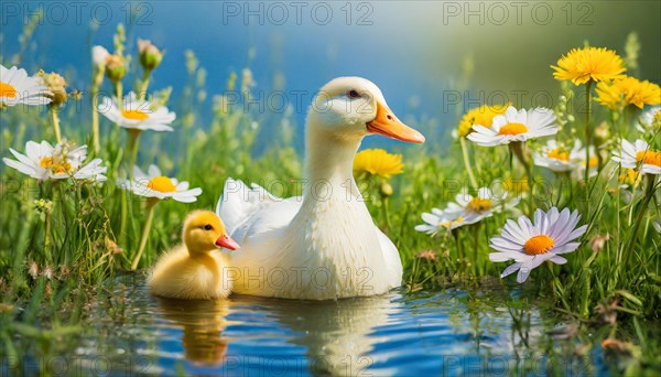 KI generated, animal, animals, bird, birds, biotope, habitat, one, single animal, foraging, wildlife, duck, ducks, domestic duck, female, (Anas platyrhynchos) white, white, yellow ducklings, young animals, animal children, two, three, four, white duck mother with yellow chicks, excursion, water, meadow, grass, spring, summer, flowers, pond, swimming, sitting, farm animal, domestic animal