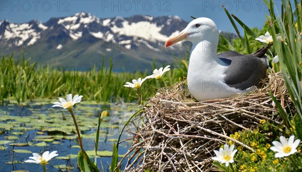 Ai generated, animal, animals, bird, birds, biotope, habitat, a, individual, swims, waters, reeds, water lilies, blue sky, foraging, wildlife, summer, seasons, albatross, (Diomedea exulans), wandering albatross, southern hemisphere, oceans, South Georgia, Falkland, tube-nosed, breeds, ground, nest