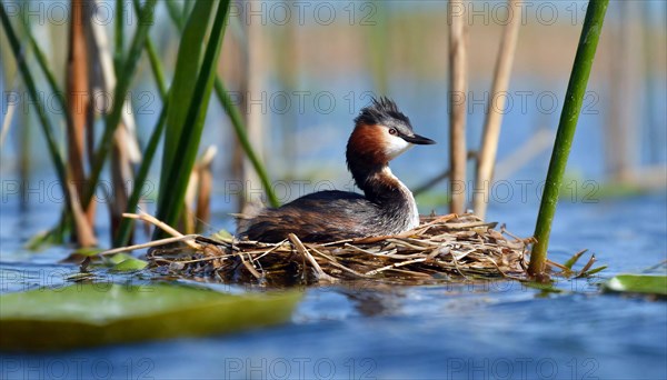 Ai generated, animal, animals, bird, birds, biotope, habitat, a, individual, swims, waters, reeds, blue sky, foraging, wildlife, water lilies, summer, seasons, great crested grebe (podiceps cristatus), sits, nest, Europe, juvenile